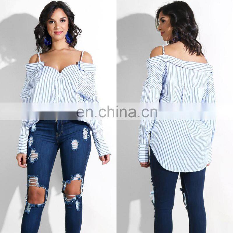 Wholesale custom women sexy through the shoulder strap button-down Stripe casual pleasure long-sleeved shirt women casual home w