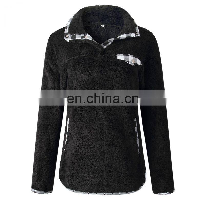 Factory Wholesale Hot sale 2020 Autumn and winter fashion lattice splice pocket button blouse home sweater home comfortable out