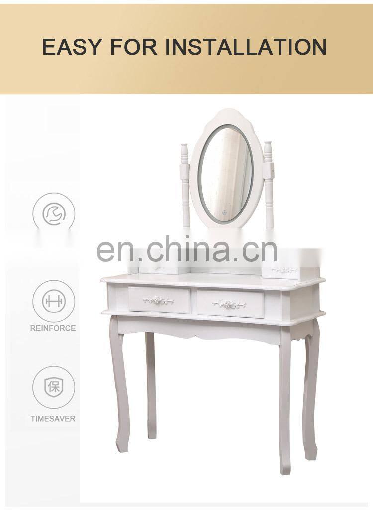 White 4 drawers touch dimmer led mirror dressing table with lighted mirror
