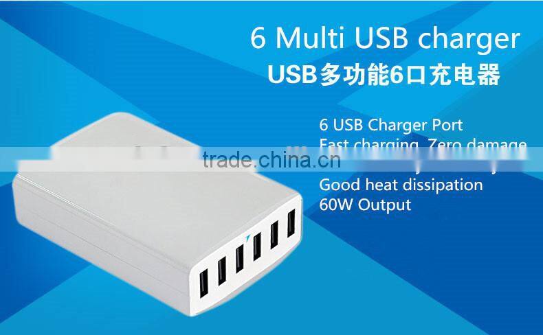 Most Powerful Smart 60W 6 Port 12A Multi USB Charger with USB Cable Family Size for iPhone