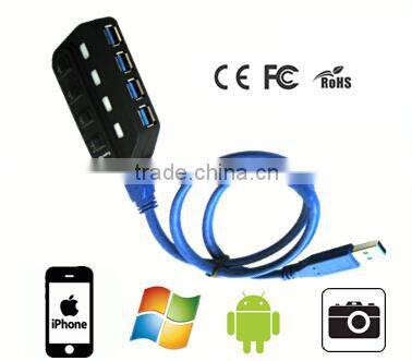 Handheld Design Durable 4 Port USB 3.0 Type Hub with Idividual Switch and LED Indicator
