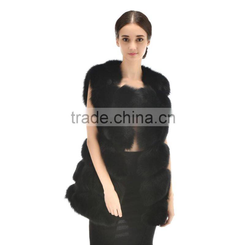 2015 Winter Latest design Long Style Nature Fox Fur Vest With trimming