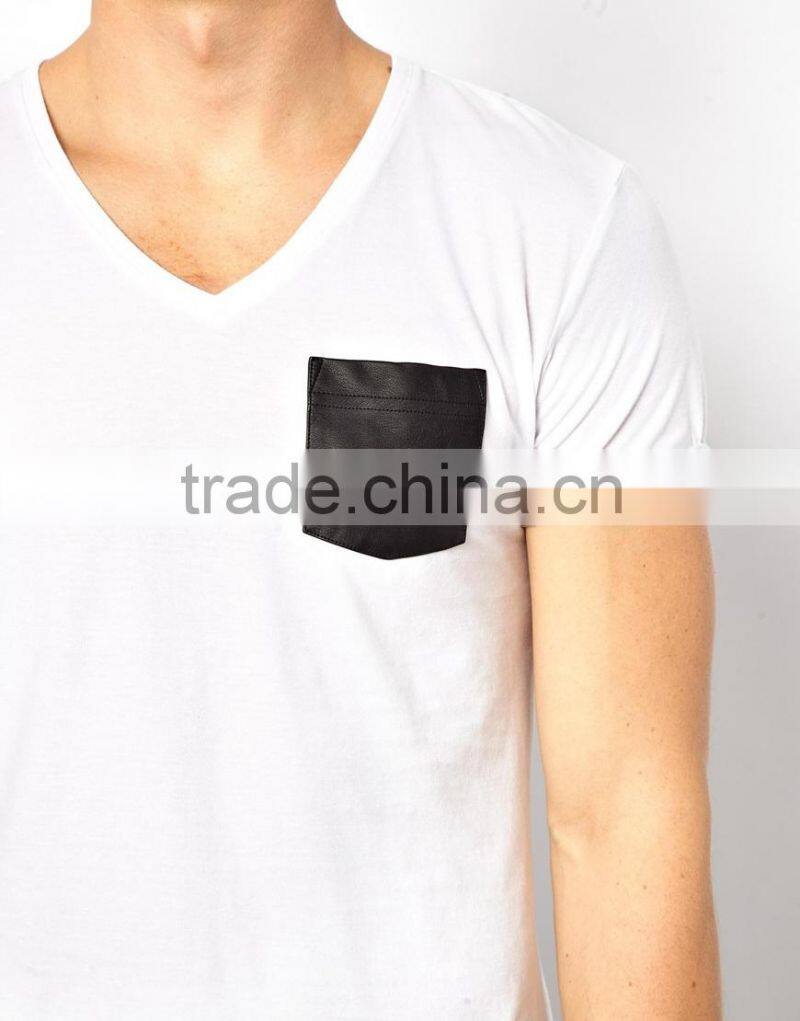 custom t shirt leather sleeves with chest pocket