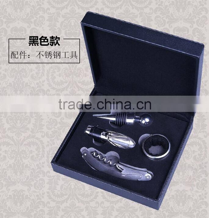 Factory OEM Supply Handmade Wine Tool Set with Leather Box, PU Leather Wine Accessories Gift Set Box