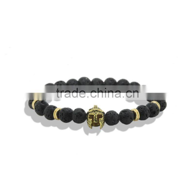 2016 Fashion Gold & Silver Spartan Knight Helmet Lava Stone Beads Bracelet for men