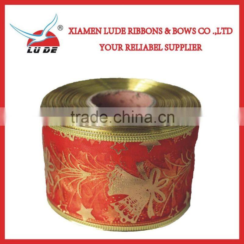 Red Organza Ribbon with Gold Eage for Chrismas Decoration