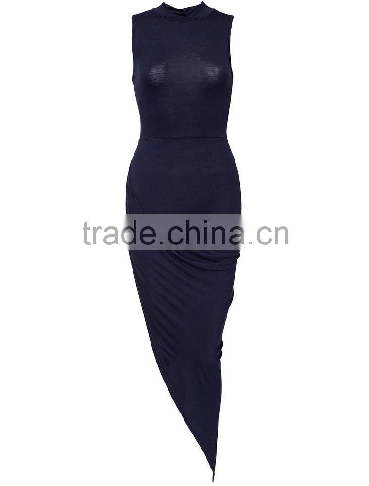 Unique design high neck thigh slit adult women full size sexy royal blue colour dress