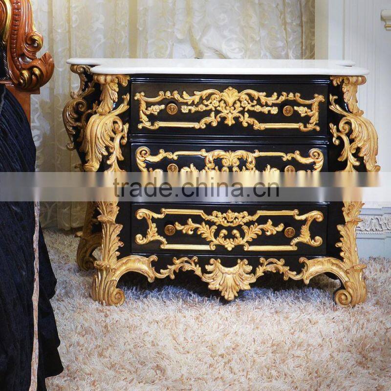 French Luxury Rococo Design Bedroom Furniture Nightstand Table / Golden Carved Wooden Commode Bedside Table