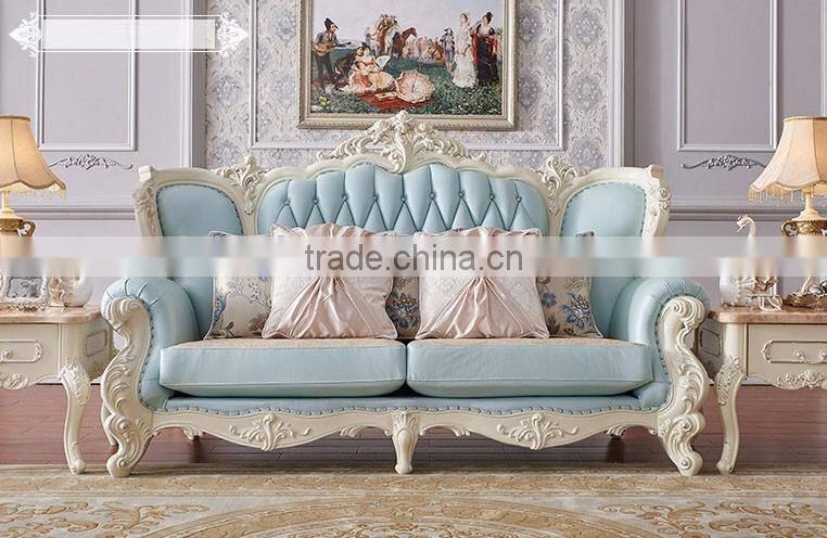 French romantic flower carving blue leather sofa set