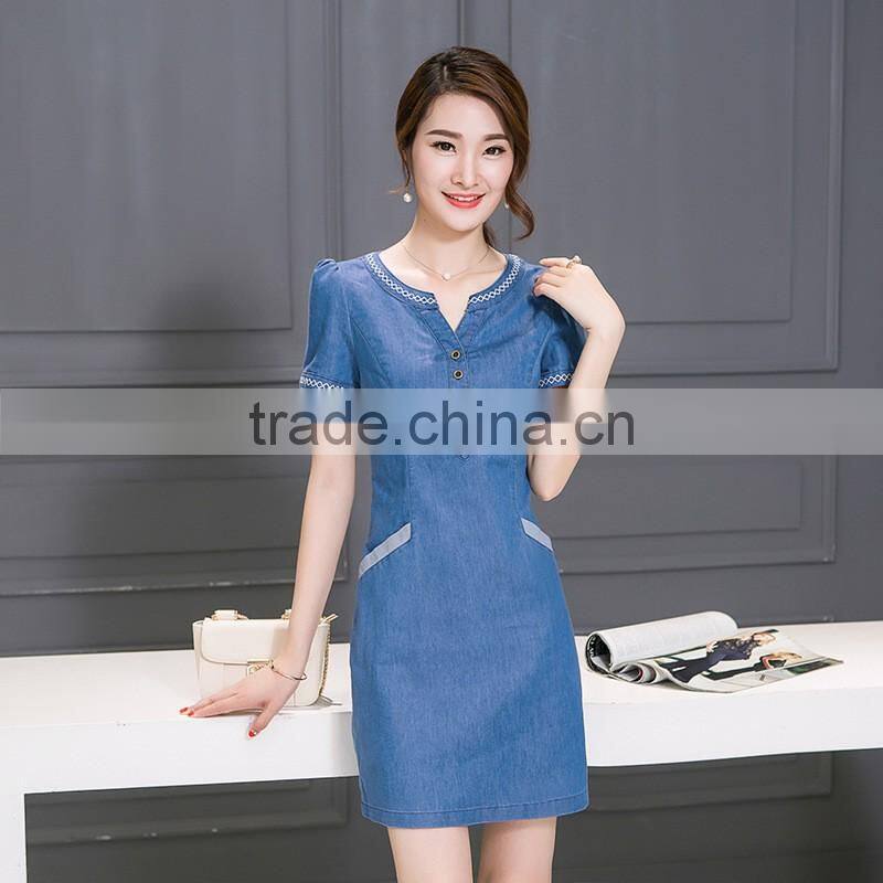 Lastest design oem spring blue v-neck short sleeve denim wash double shirt ladies dresses