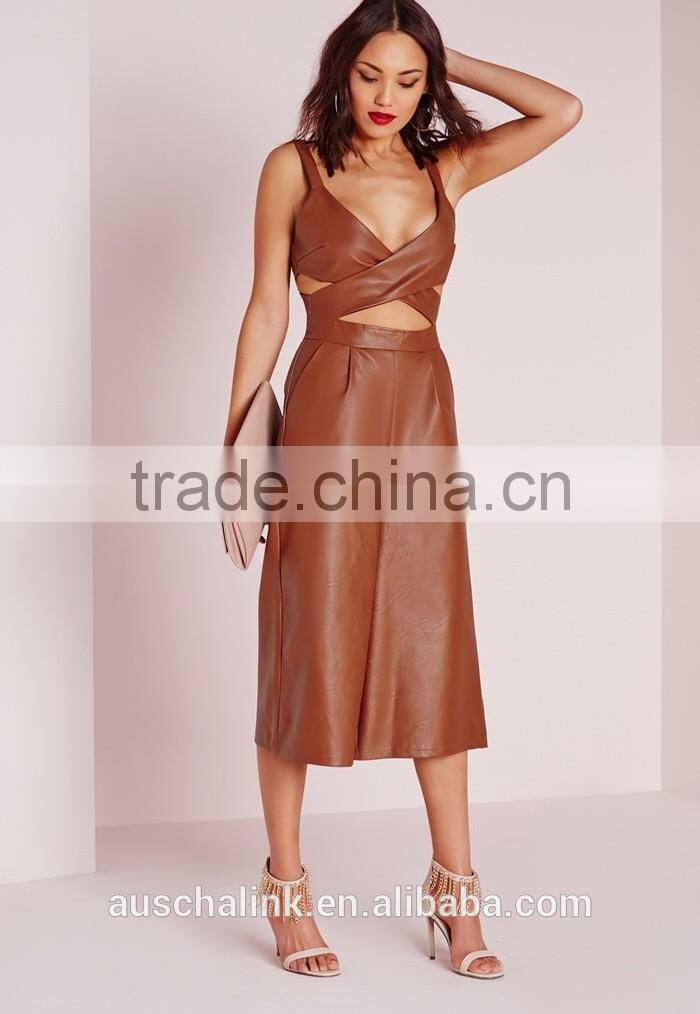 unique design lady sexy faux leather cut out culotte jumpsuit