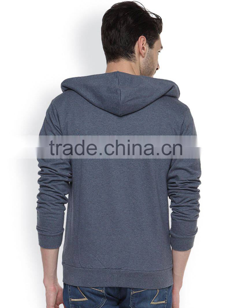 Blue Denim Hooded Mens Sweatshirt Customizable Attached Hood With Drawstrings Hoody Long Sleeves Slant Pockets Sweaters Custom