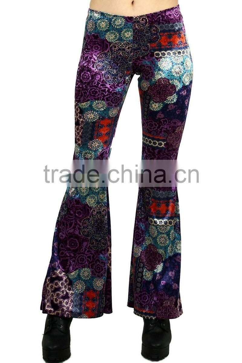 MGOO 2017 Custom Print Velvet Floral Print Bottom Leggings High Waist Flare leg Opening Fashion Pants