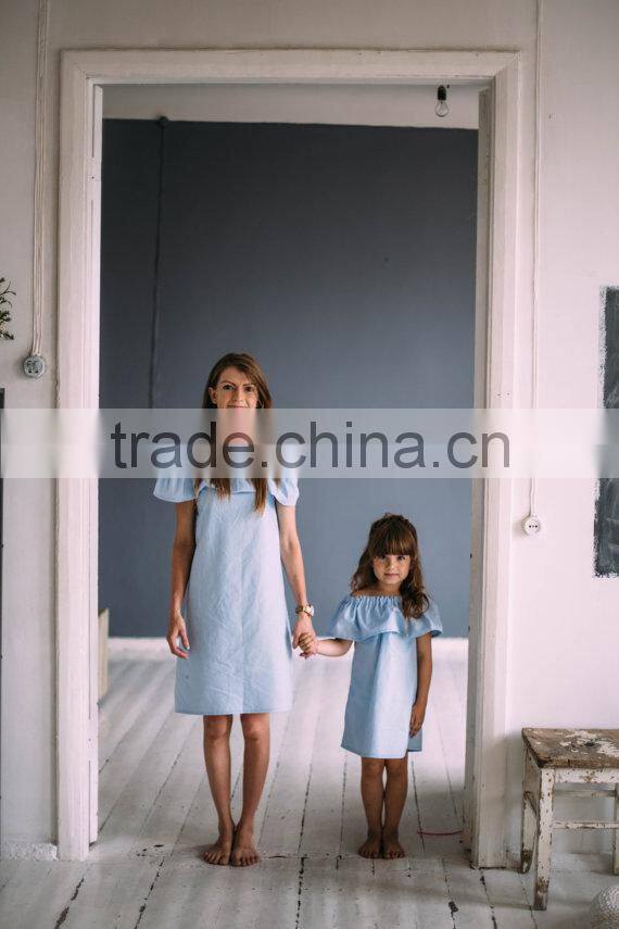 Mother Daughter Matching Dress Mommy And Me Off Shoulder Top Girl Blue Dress Frill Girl