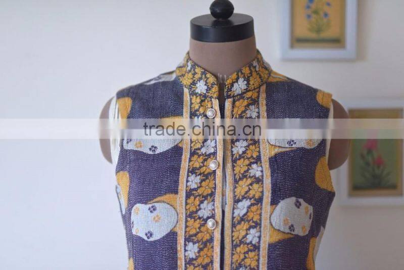 Vintage Kantha Vest in Yellow & Purple Floral Print ~ Small