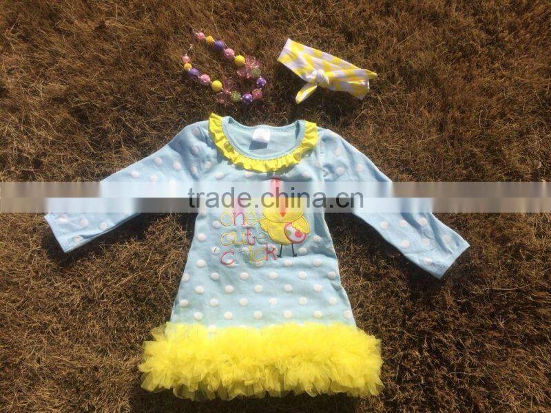 2015 new baby girls turquoise white polka dot chick Easter dress with necklace and headband set