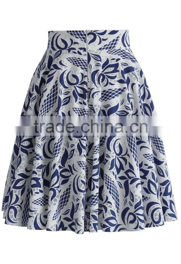 2016 Guangzhou Shandao Manufacturer High Quality Women Summer Ruffle A Line Vintage Printed Satin Pictures Fashionable Skirts