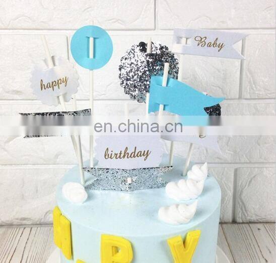 Hot Sale DIY Blue and Glitter Happy Birthday Cake Topper Set Cake Decor