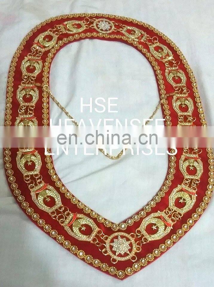 MASONIC REGALIA SHRINER GOLD FINISH METAL CHAIN COLLAR RED VELVET