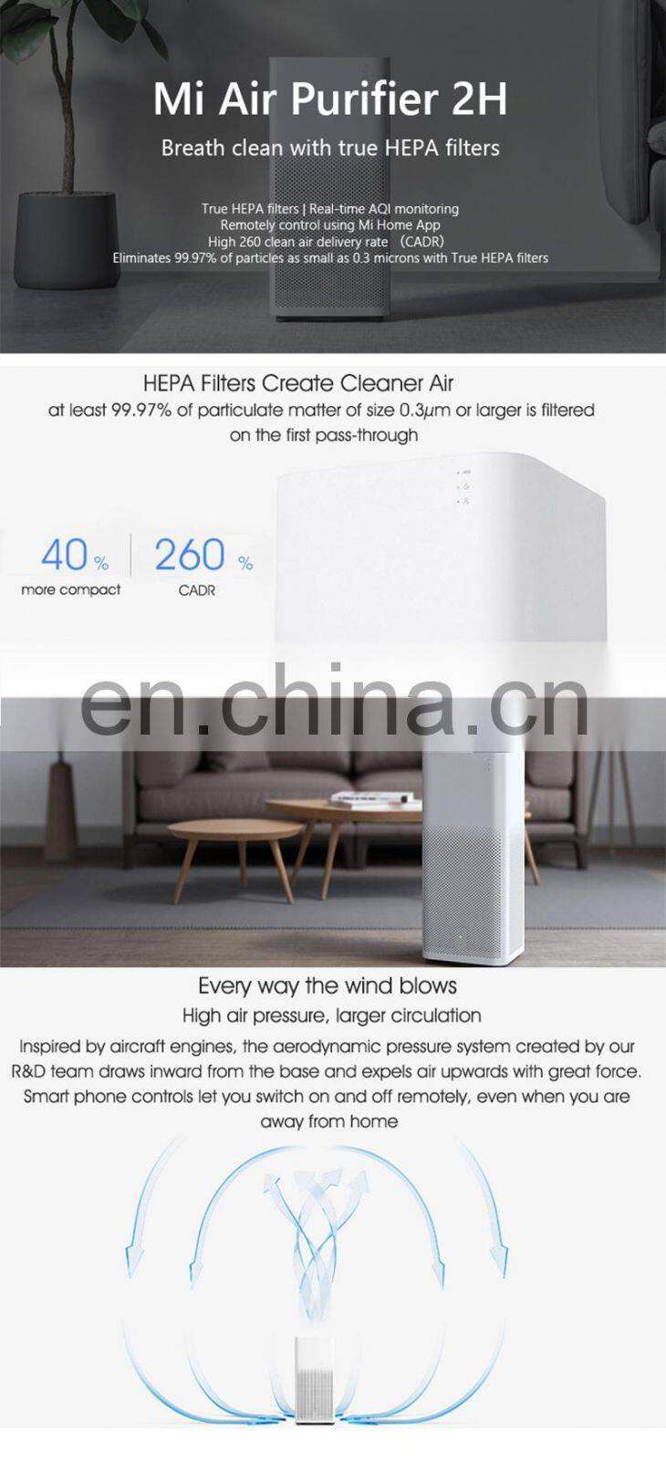 Xiaomi Mi Air Purifier 2H Global version with True HEPA Filters 260m3/h CADR and Slient Sound