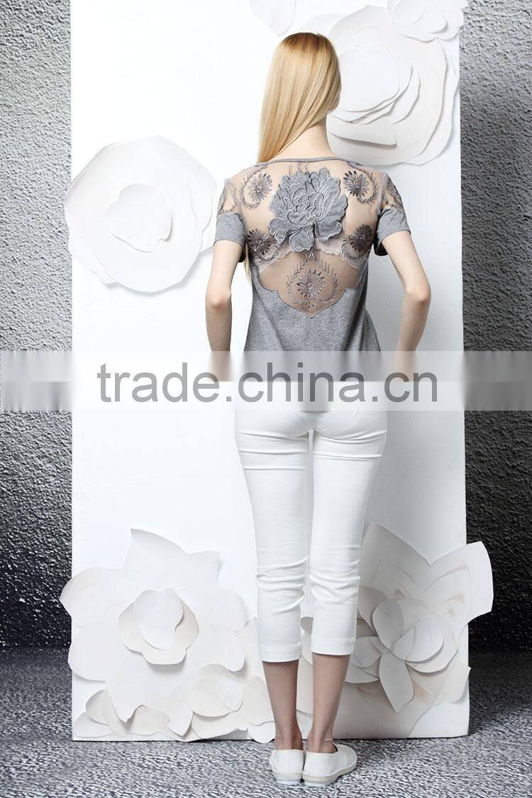 2015 fashion sexy embroidery hollow out solid summer backless women 3d printing t-shirt