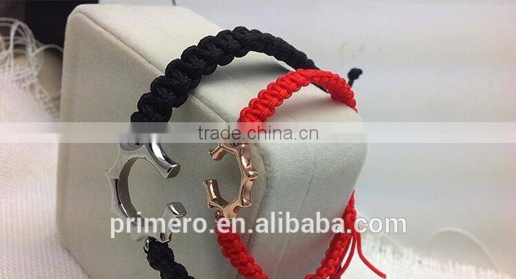 Black And Red Weave Hand Rope Sun Titanium Steel Bracelet
