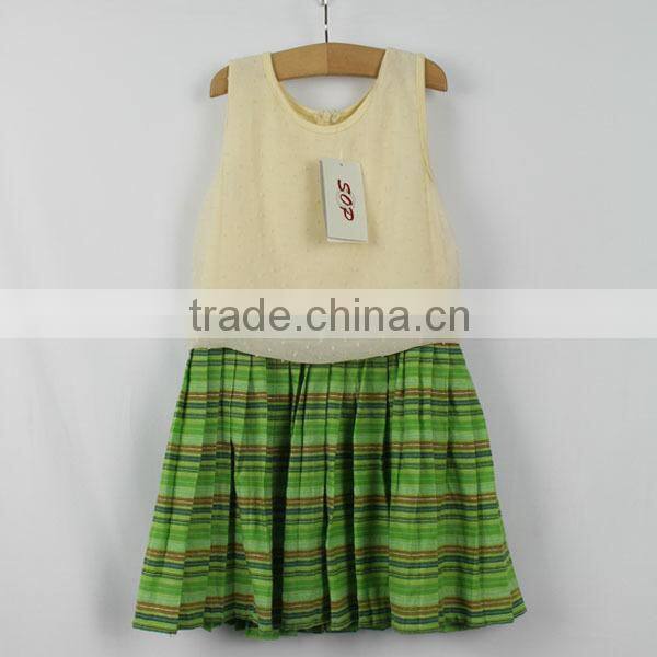 One piece girls casual green striped dress with upper cream chiffon fabric