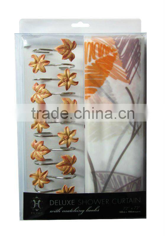leaf pattern design peva shower curtain with 12 resin hooks