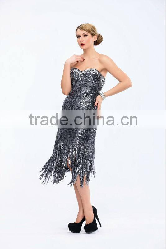 Off shoulder sexy back open heavy sequins beaded short celebrity dress 2014