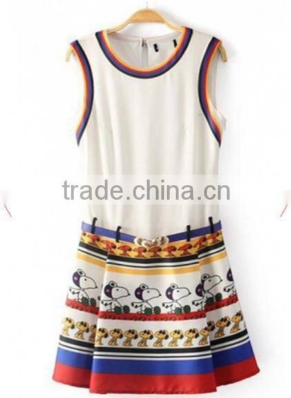 White Snoopy Print Pleated Belt Sleeveless Chiffon Dress