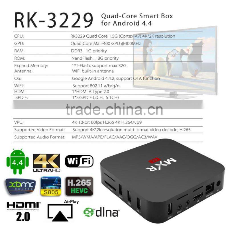 2016 Newest RK3229 MXR Smart Android tv box Quad Core 1G/8G TV Box Support 4K*2K H.265 HDMI 2.0