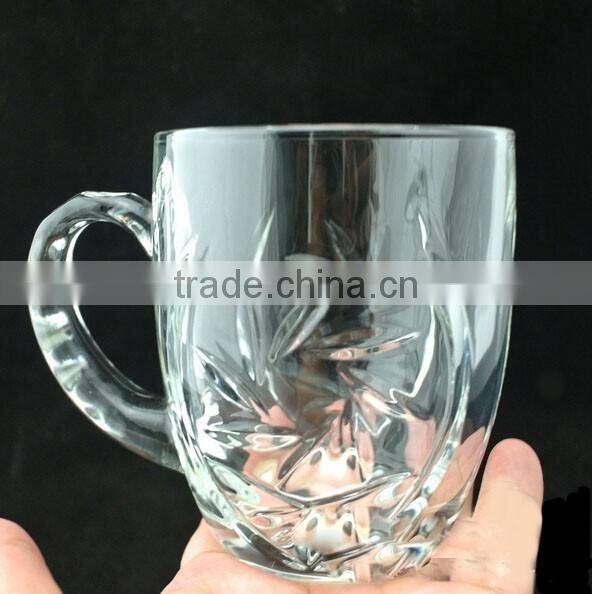 Haonai hottest selling glass coffee mug with embossed logo,glass cup with handle