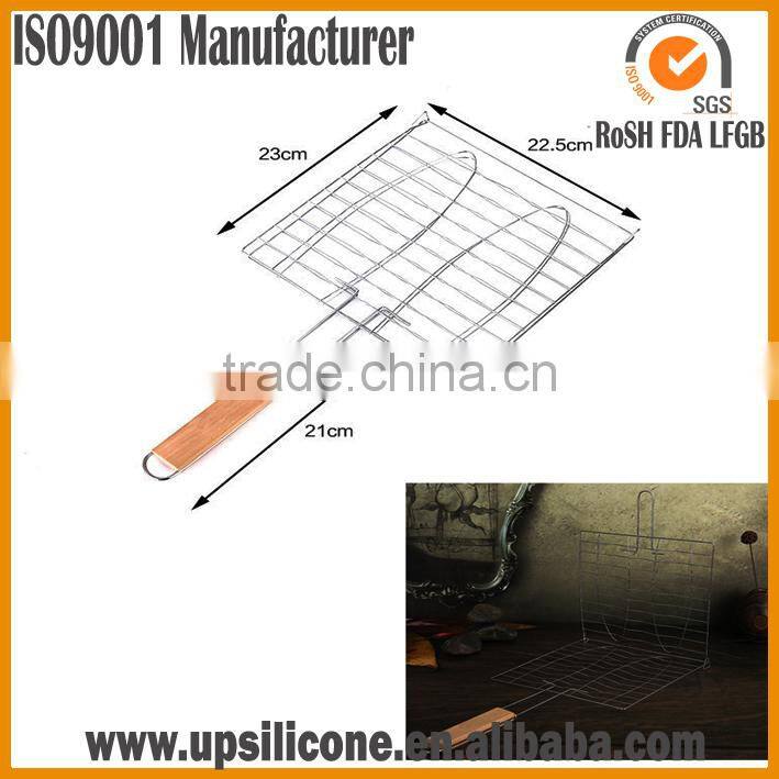 Non-Stick BBQ Fish Grilling Basket / Grill Stainless Steel Wire Mesh/BBQ Grill Mesh With Wooden Handle/Grill Lattice