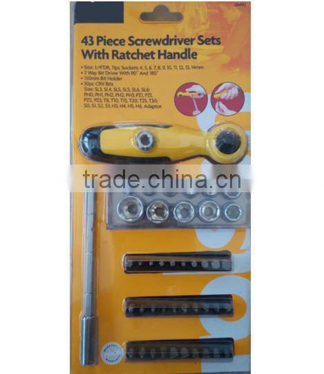 43pcs ratchet wrench tools set with sockets and bits , blister card package