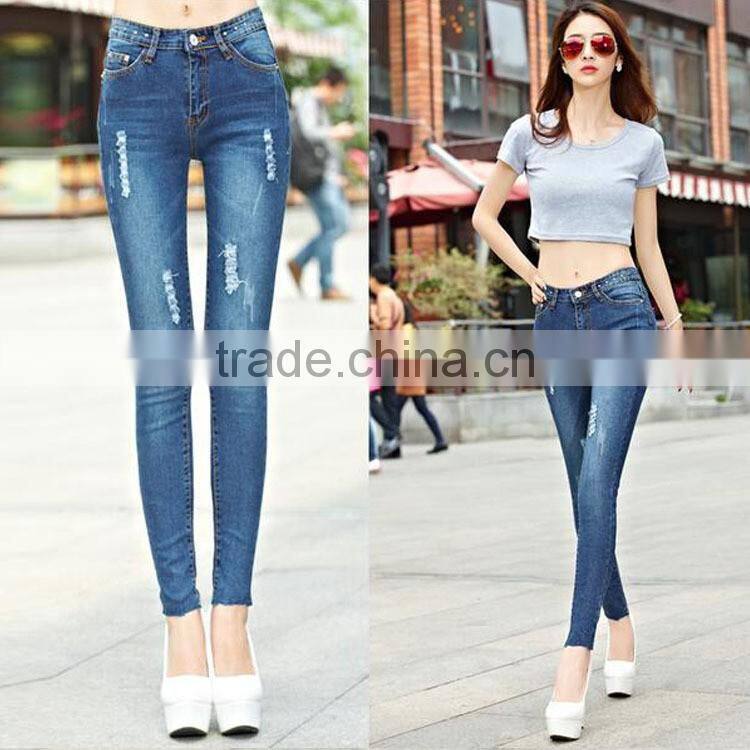 Unique design fashion denim jeans for women blue cotton slim jeans