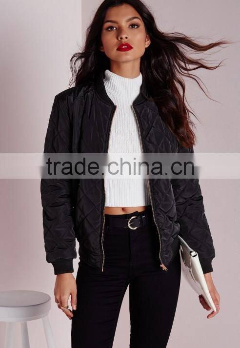 fashionable women plain black quilting bomber jacket wholesale