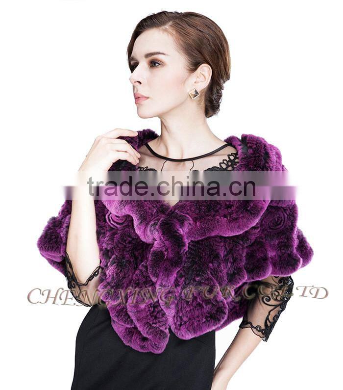 CX-B-21E 2016 New Knitted Genuine Rex Fur Shawls Rabbit Fur Poncho