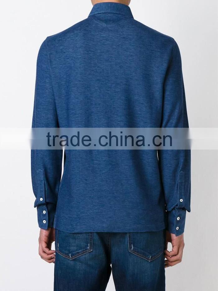 High quality blue cotton denim style long sleeve polo shirt for men