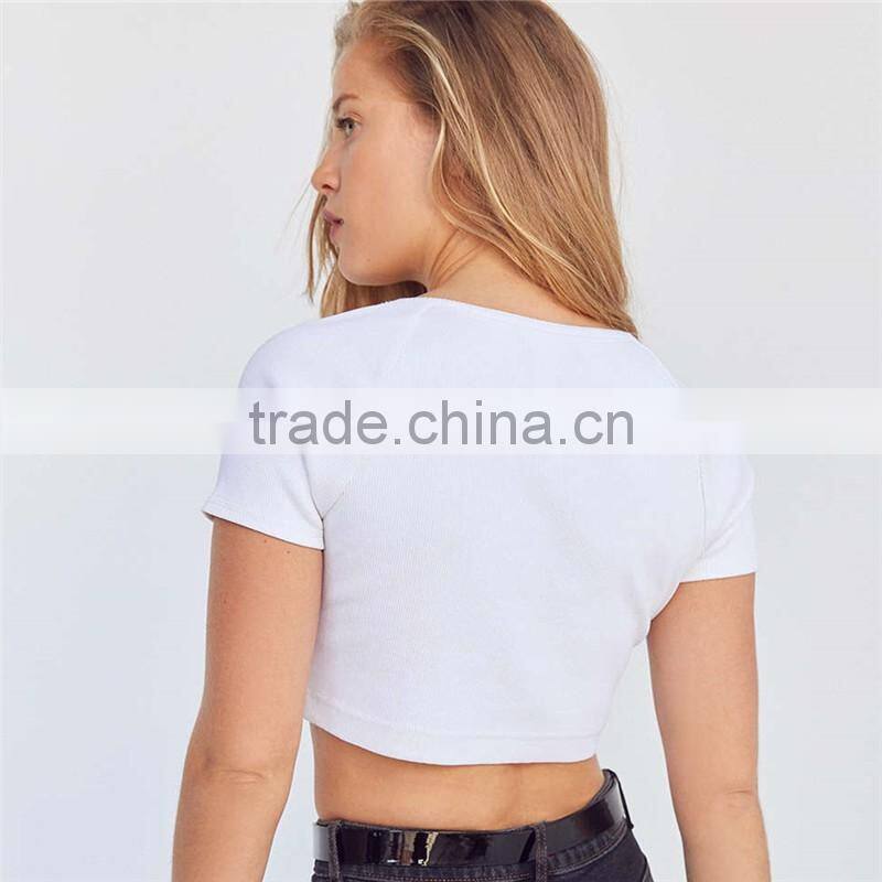 2017 OEM Simple Super Soft Ribbed Knit Cropped Button Down Blouse