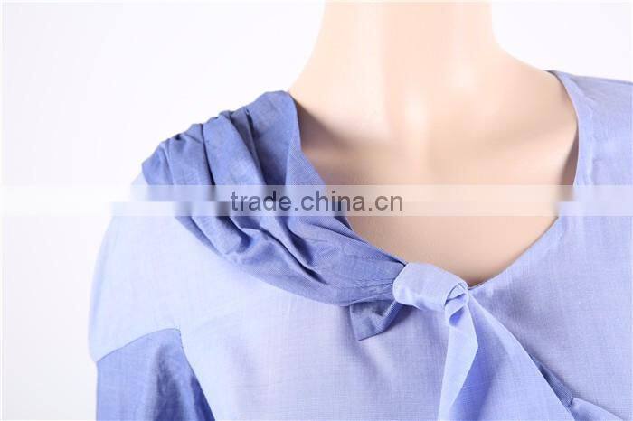 long sleeve blue women blouse patch work designs with bow in front
