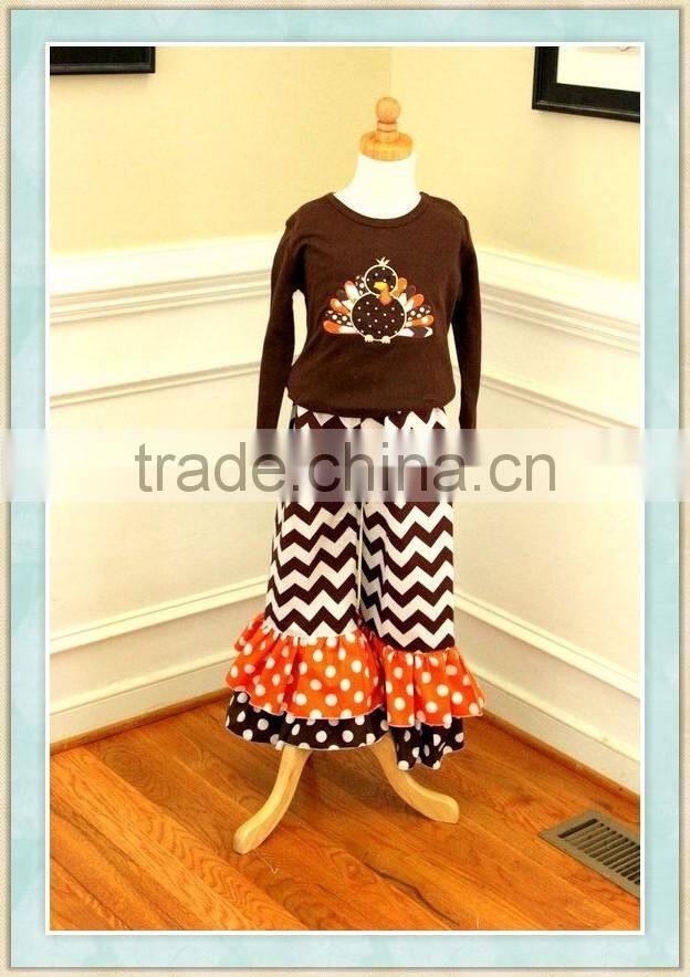 Thanksgiving day turkey kids clothing girls boutique outfit turkey shirt chevron ruffle pants double ruffle pants brown toddler