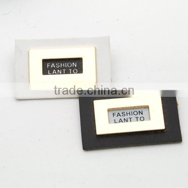 Black/white PU leather sew on patches with gold metal plates fashion clothing label for jeans/jacket PLB-007
