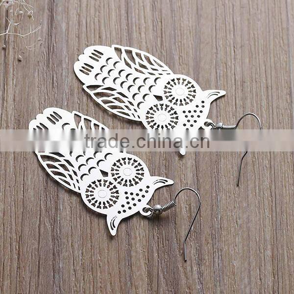 New Fashion Copper Filigree Stamping Earrings Ear Wire Hooks Halloween Owl Silver Tone Hollow 61mm x 26mm