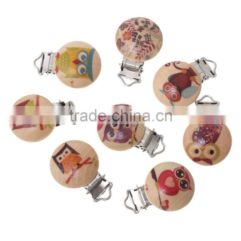 Wholesale Round At Random Owl Halloween Pattern Wood Baby Pacifier Clip