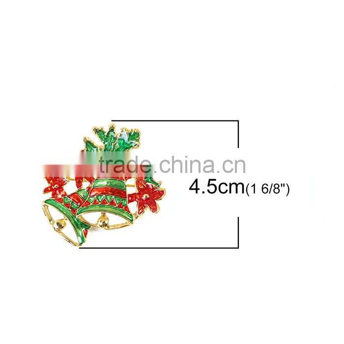 Pin Brooches Christmas Jingle Bell Gold Plated Red & Green Enamel Brooch Wholesale