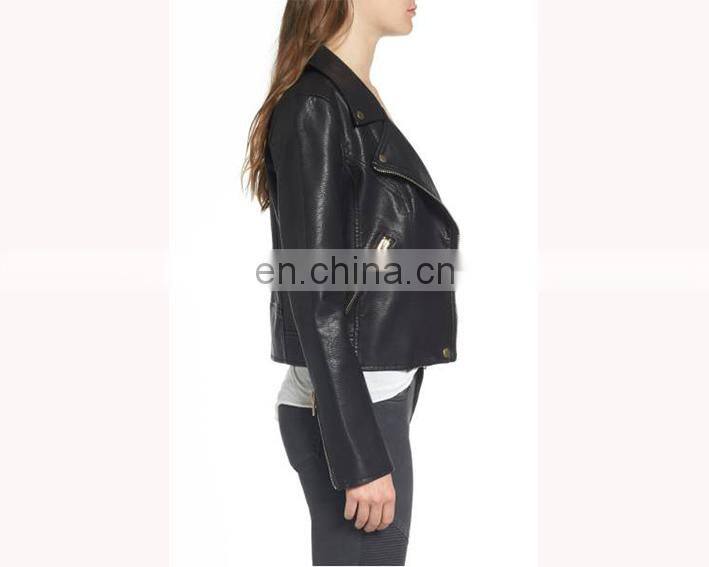 High Quality Custom Your Deisgn Women Fashion Motocycle Biker Black Short Genuine Leather Jacket Made in China