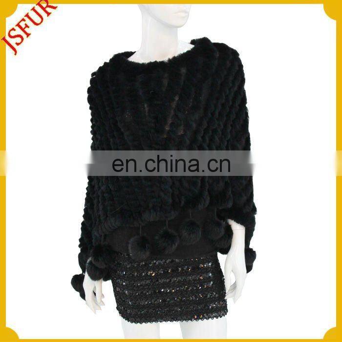 2014 Fashion women black rabbit fur knitted girls poncho sweater