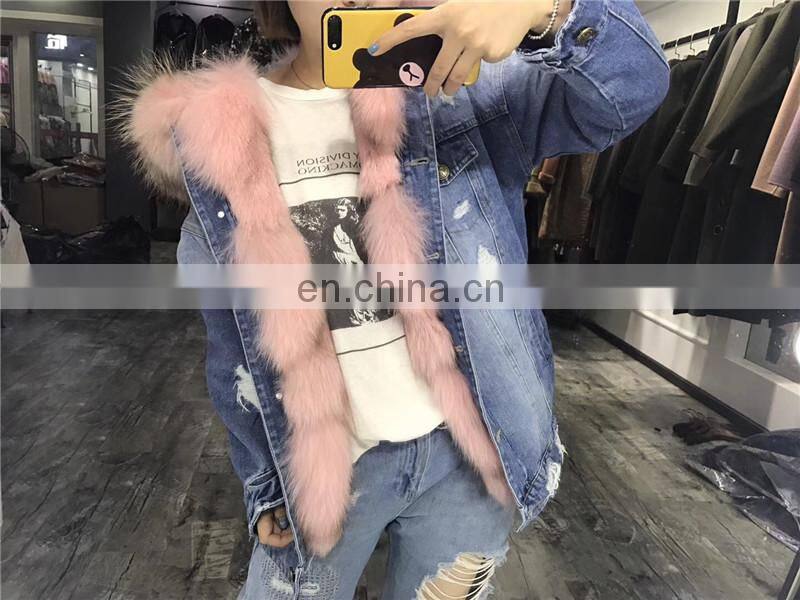 2017 Fashionable Women Winter Real Fox Fur Lined Denim Parka Real Fur Jacket Raccoon