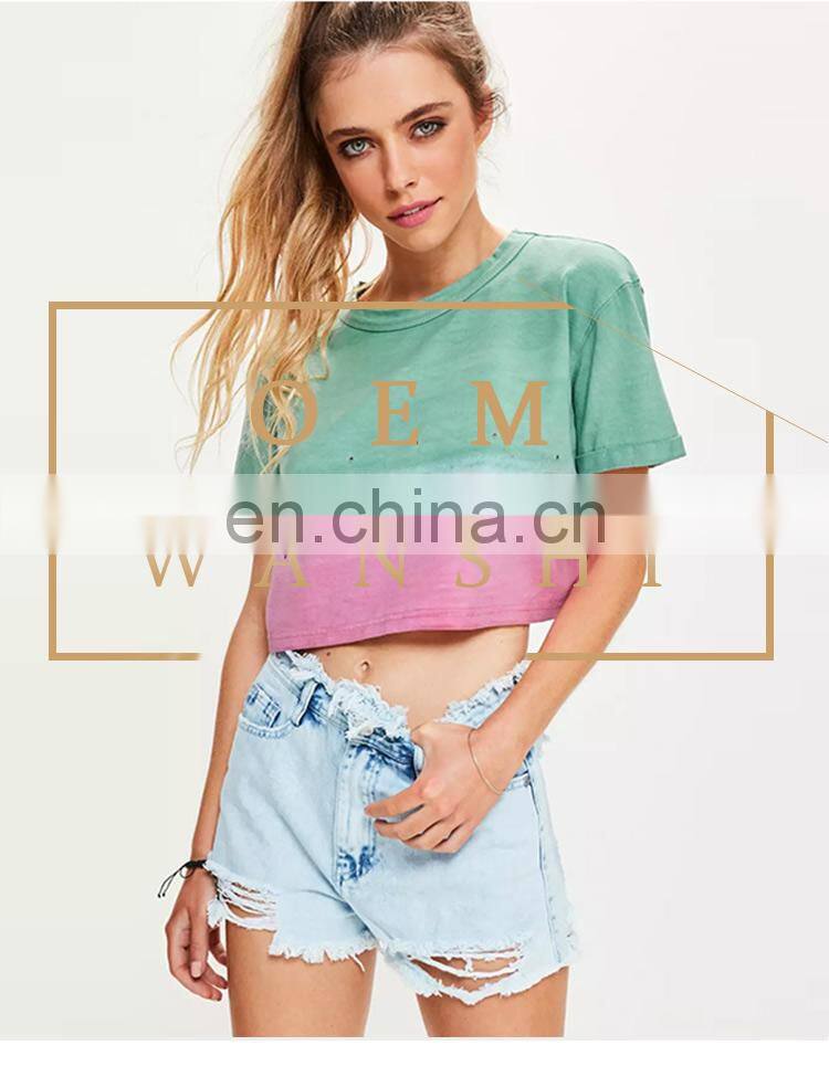 summer short sleeve distressed tie-dye cropped women t shirt