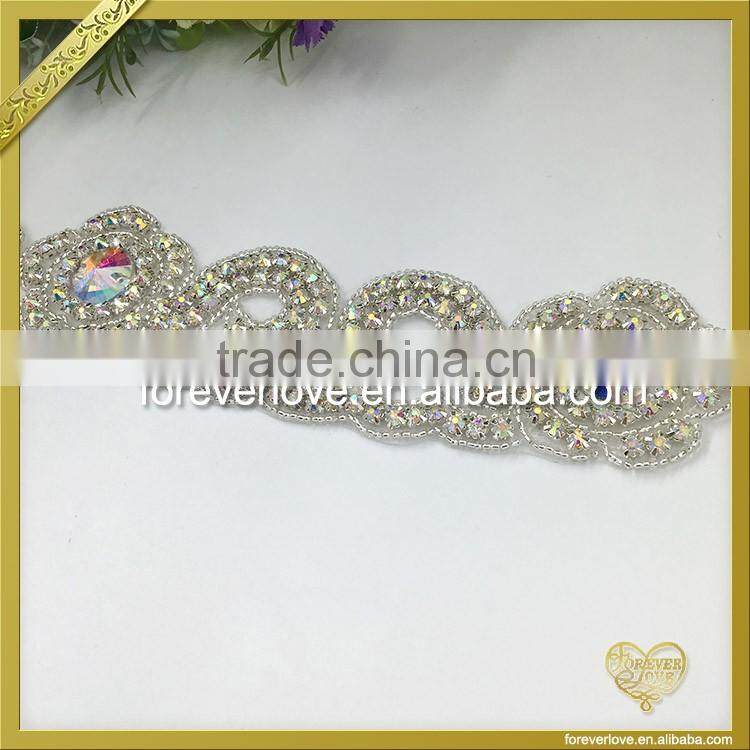 Custom wholesale crystal rhinestone iron on applique for bridal sash garter FRA-088